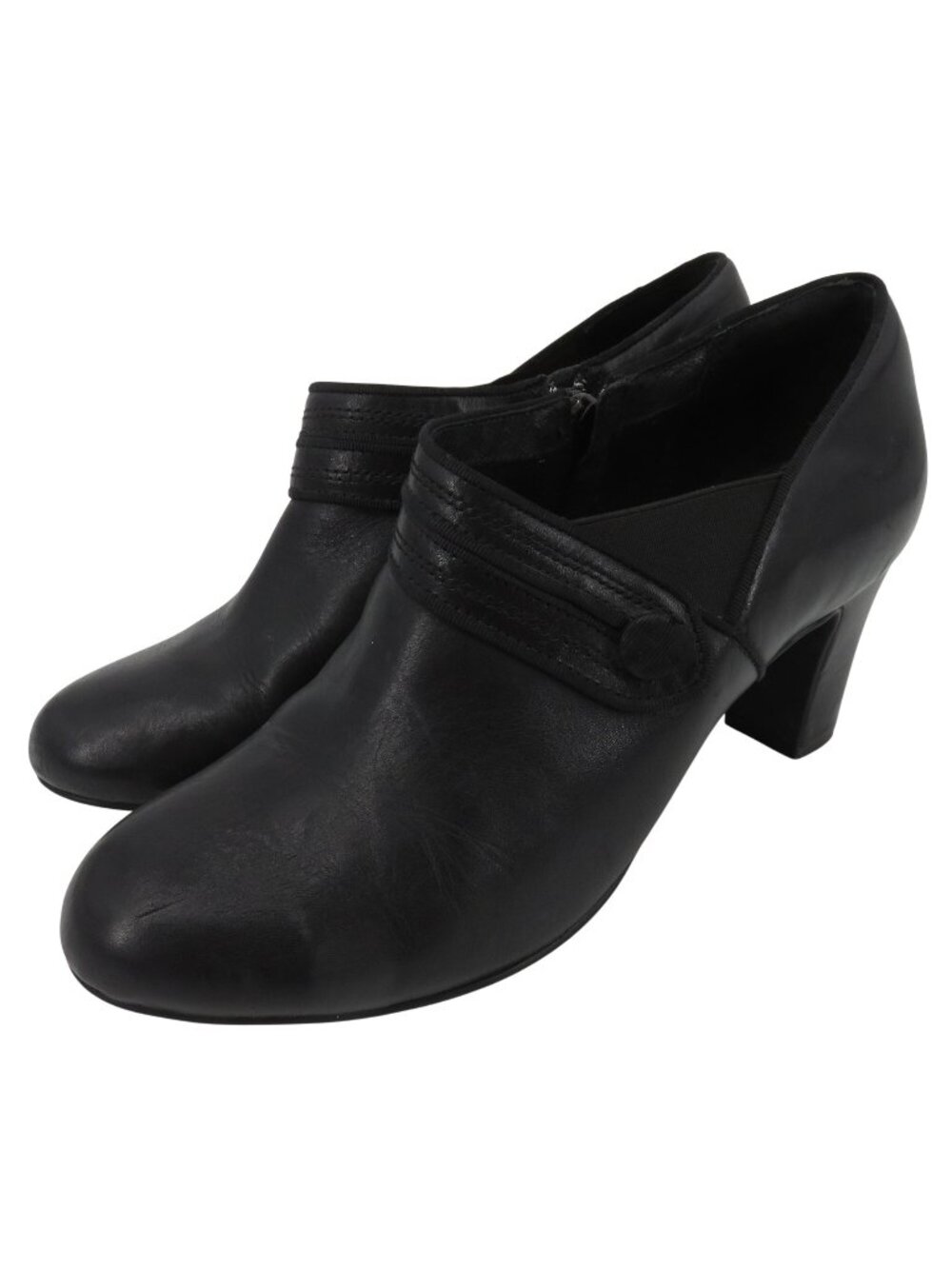 Clarks Women 8.5 M Solid Black Leather Upper Side Zip Ankle Booties Block Heels